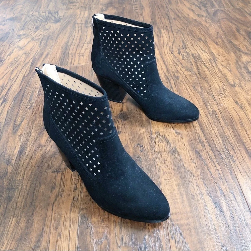 Kaari Blue • Karin perforated ankle boots black faux suede vegan point toe heel